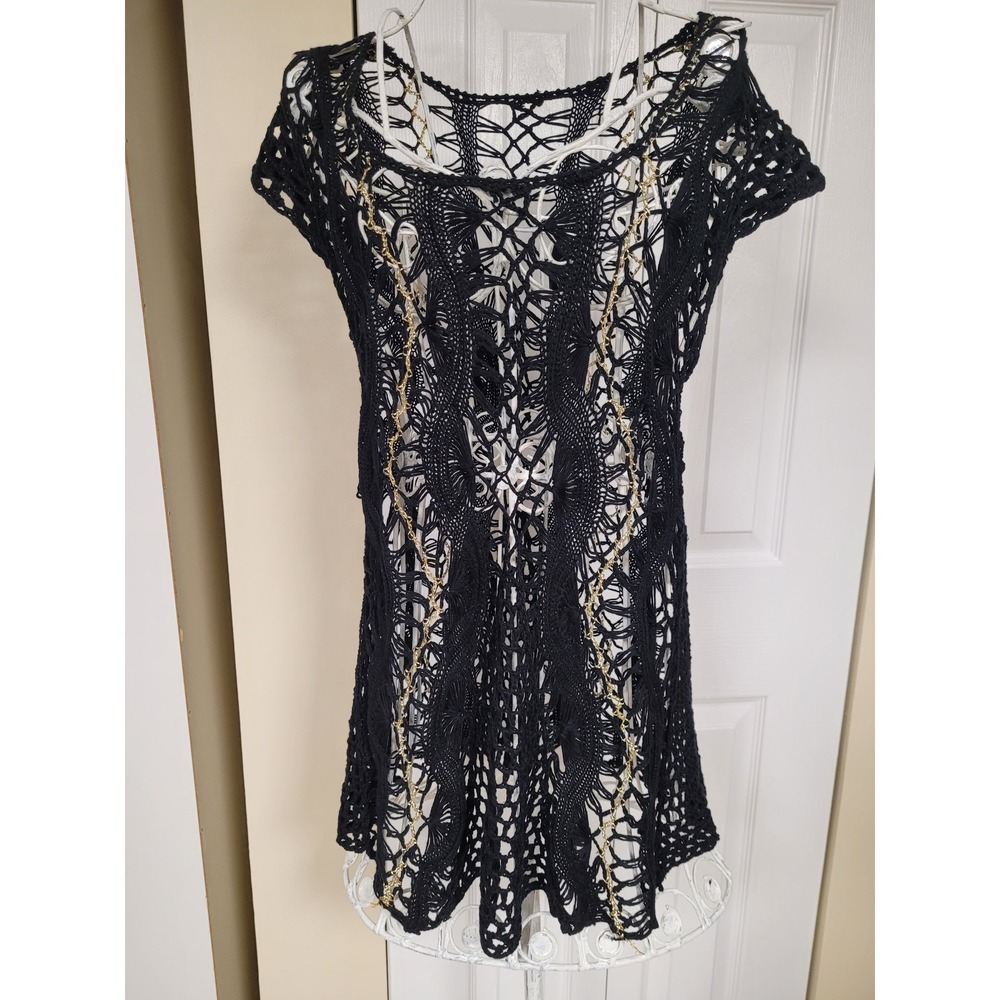 Black Open Knit Crochet Tunic Gold Chain Detail Boho Beach Coverup‎ Women Size S